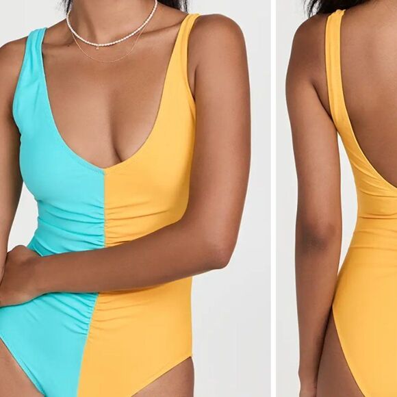NWOT Solid & Striped x Free People The Lucia Ruched Swimsuit blue and yellow